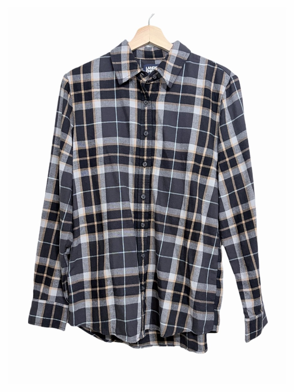Lands’ End Women’s Long Sleeve Plaid Button Up Top Medium Black Brown Gorpcore
